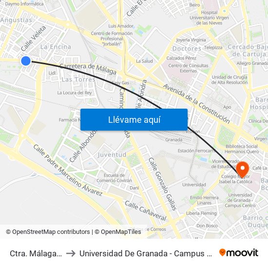 Ctra. Málaga 69 to Universidad De Granada - Campus Centro map