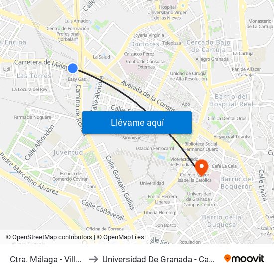 Ctra. Málaga - Villa Pineda to Universidad De Granada - Campus Centro map