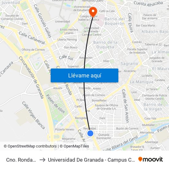 Cno. Ronda 53 to Universidad De Granada - Campus Centro map