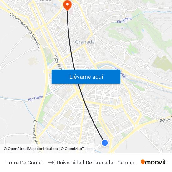 Torre De Comares 8 to Universidad De Granada - Campus Centro map
