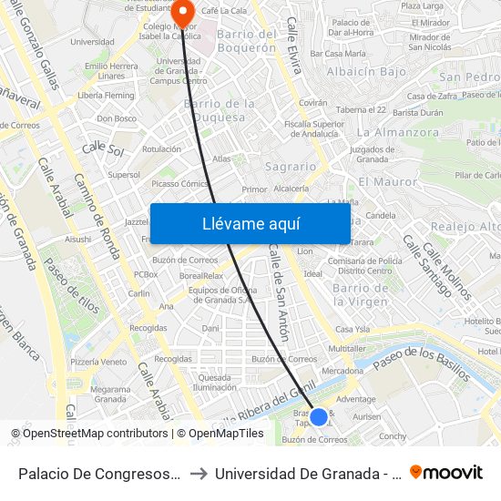 Palacio De Congresos - Plaza Rotary to Universidad De Granada - Campus Centro map