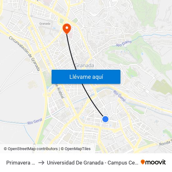 Primavera 27 to Universidad De Granada - Campus Centro map