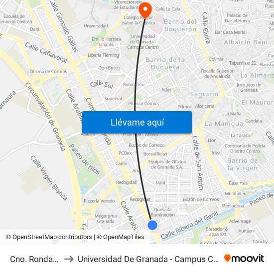 Cno. Ronda 38 to Universidad De Granada - Campus Centro map