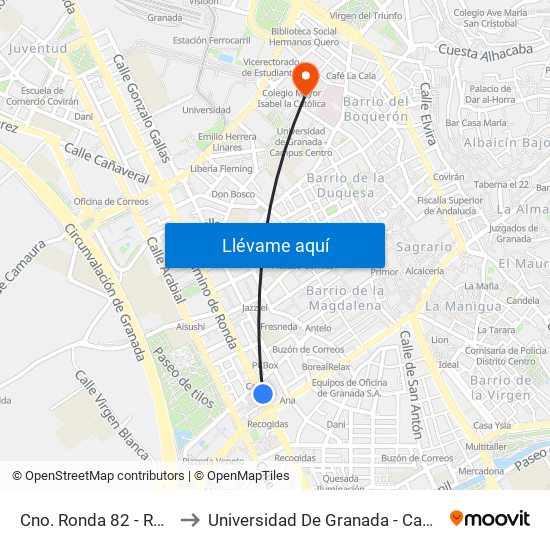 Cno. Ronda 82 - Recogidas to Universidad De Granada - Campus Centro map