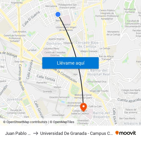Juan Pablo II 5 to Universidad De Granada - Campus Centro map