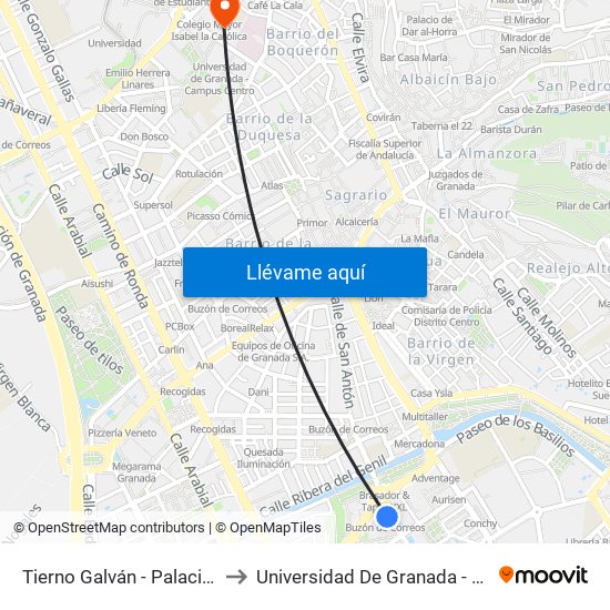 Tierno Galván - Palacio Congresos to Universidad De Granada - Campus Centro map