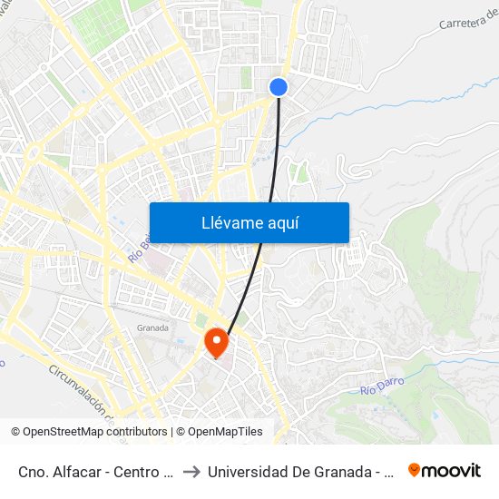Cno. Alfacar - Centro Valoración 2 to Universidad De Granada - Campus Centro map