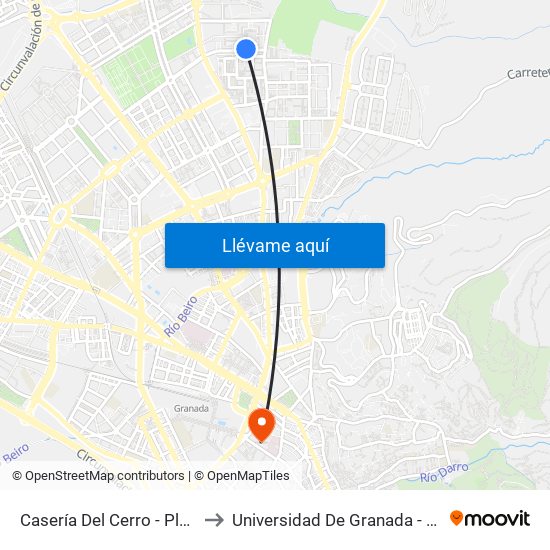 Casería Del Cerro - Plaza Rey Badis to Universidad De Granada - Campus Centro map
