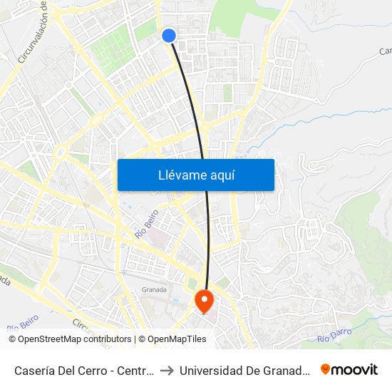 Casería Del Cerro - Centro De Salud Cartuja to Universidad De Granada - Campus Centro map