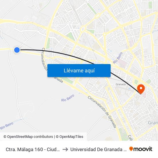 Ctra. Málaga 160 - Ciudad De Los Niños to Universidad De Granada - Campus Centro map