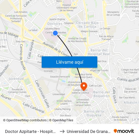 Doctor Azpitarte - Hospital Virgen De Las Nieves to Universidad De Granada - Campus Centro map