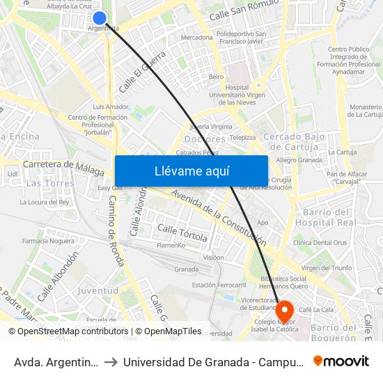 Avda. Argentinita 3 to Universidad De Granada - Campus Centro map