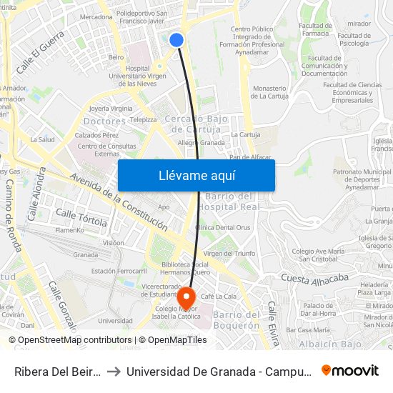 Ribera Del Beiro 43 to Universidad De Granada - Campus Centro map