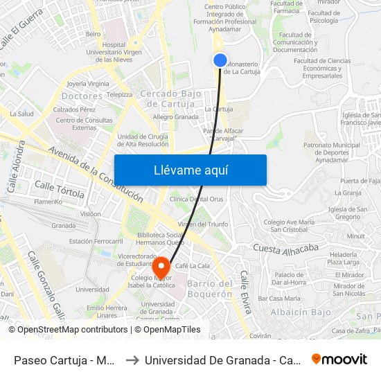 Paseo Cartuja - Monasterio to Universidad De Granada - Campus Centro map