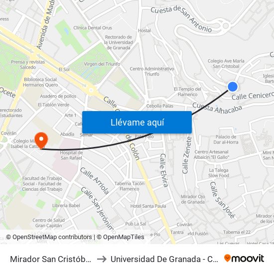 Mirador San Cristóbal - Albaicín to Universidad De Granada - Campus Centro map
