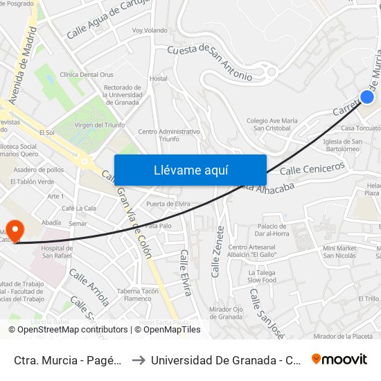 Ctra. Murcia - Pagés - Albaicín to Universidad De Granada - Campus Centro map