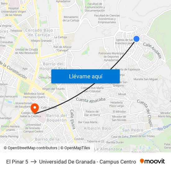 El Pinar 5 to Universidad De Granada - Campus Centro map