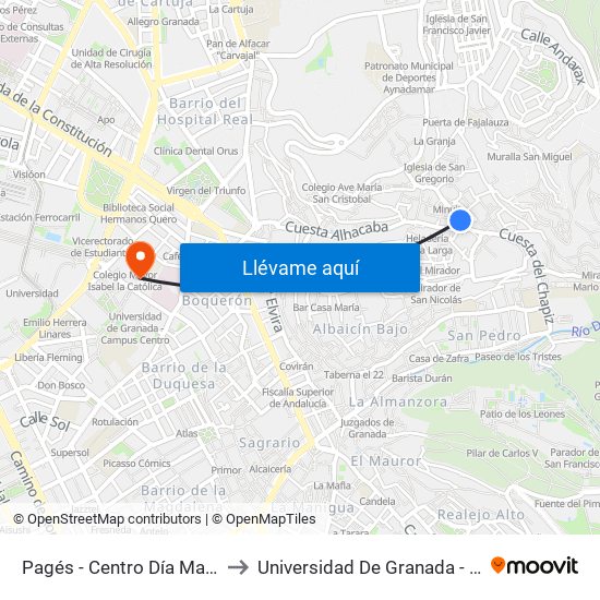 Pagés - Centro Día Mayores Albaicín to Universidad De Granada - Campus Centro map