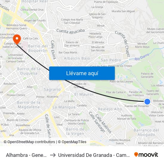Alhambra - Generalife 2 to Universidad De Granada - Campus Centro map