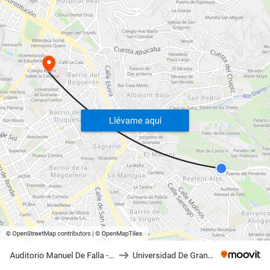 Auditorio Manuel De Falla - Carmen De Los Mártires to Universidad De Granada - Campus Centro map