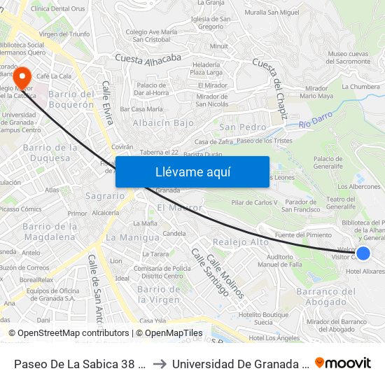 Paseo De La Sabica 38 - Parque Alixares to Universidad De Granada - Campus Centro map