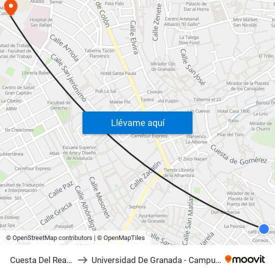 Cuesta Del Realejo 1 to Universidad De Granada - Campus Centro map