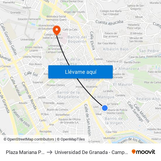 Plaza Mariana Pineda to Universidad De Granada - Campus Centro map