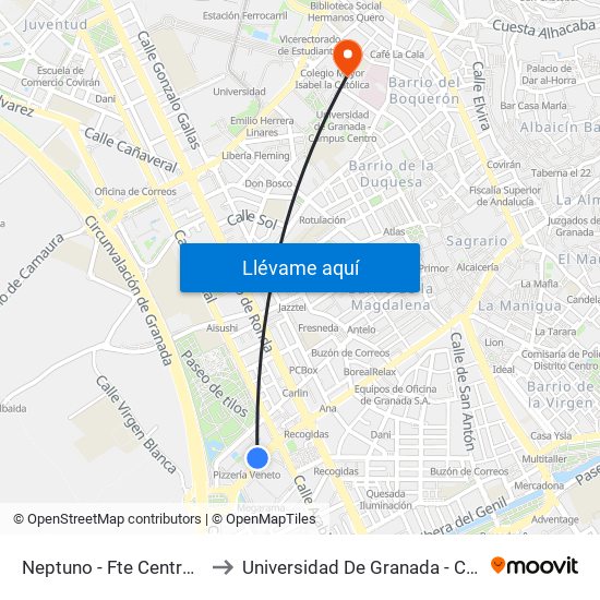 Neptuno - Fte Centro Comercial to Universidad De Granada - Campus Centro map