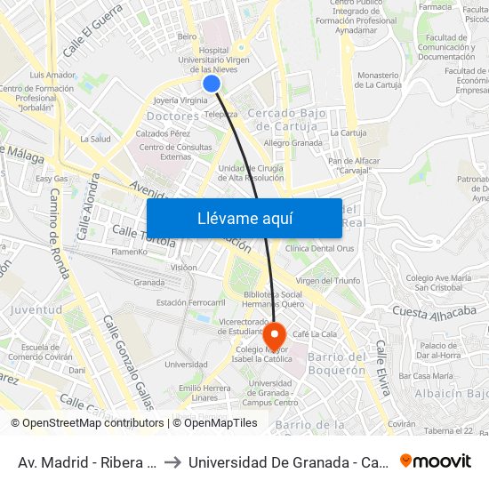 Av. Madrid - Ribera Del Beiro to Universidad De Granada - Campus Centro map