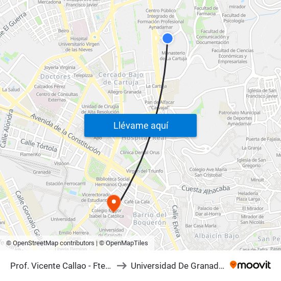 Prof. Vicente Callao - Fte Ciencias Educación to Universidad De Granada - Campus Centro map