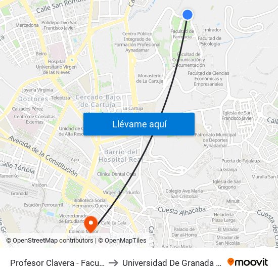 Profesor Clavera - Facultad Farmacia 1 to Universidad De Granada - Campus Centro map