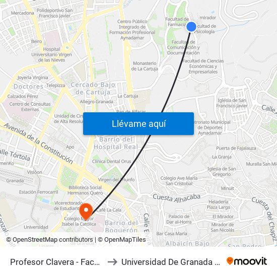 Profesor Clavera - Facultad Psicología to Universidad De Granada - Campus Centro map