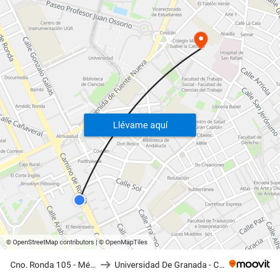 Cno. Ronda 105 - Méndez Núñez to Universidad De Granada - Campus Centro map