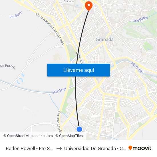 Baden Powell - Fte Santa Juliana to Universidad De Granada - Campus Centro map
