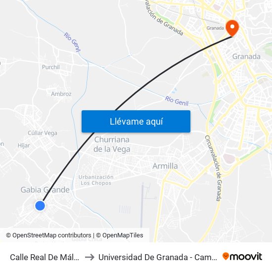 Calle Real De Málaga, 67 to Universidad De Granada - Campus Centro map