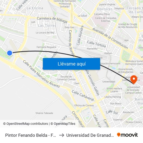 Pintor Fenando Belda - Fte Parque Alquerías to Universidad De Granada - Campus Centro map