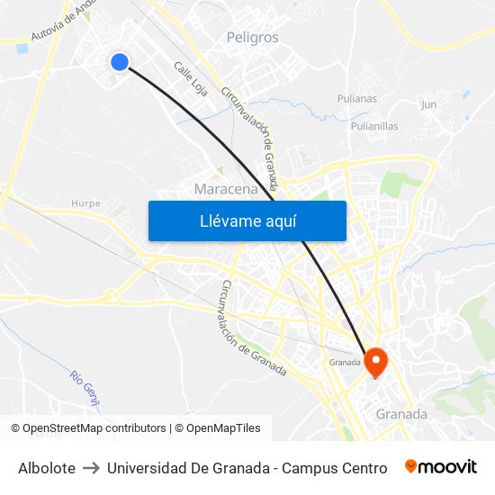 Albolote to Universidad De Granada - Campus Centro map