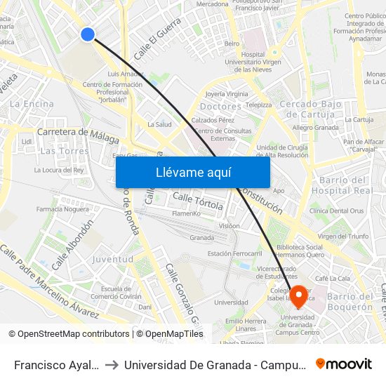 Francisco Ayala 37 to Universidad De Granada - Campus Centro map