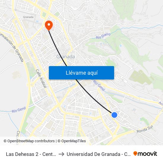 Las Dehesas 2 - Centro De Salud to Universidad De Granada - Campus Centro map