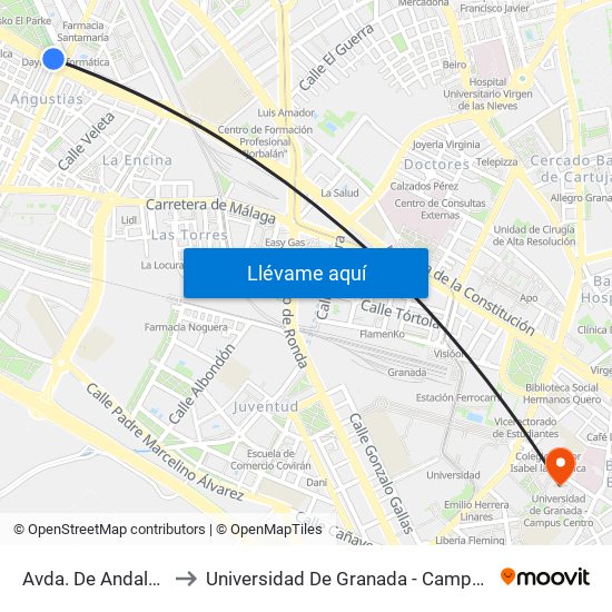 Avda. De Andalucía 3 to Universidad De Granada - Campus Centro map