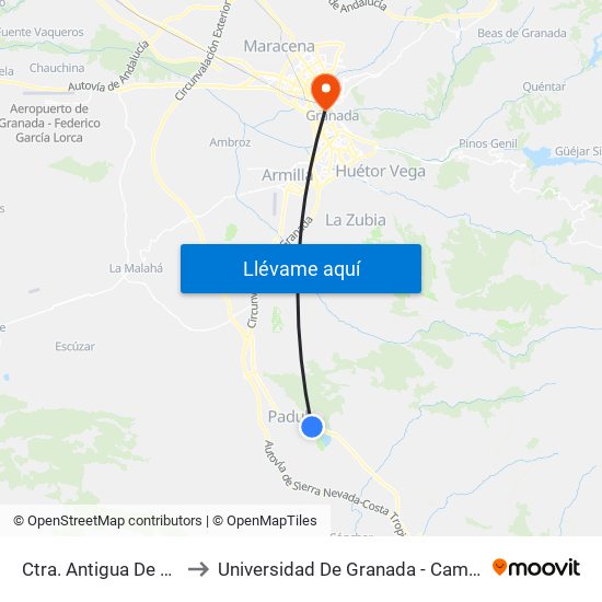 Ctra. Antigua De Motril 2 to Universidad De Granada - Campus Centro map