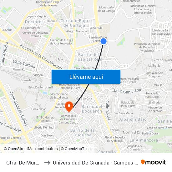 Ctra. De Murcia 1 to Universidad De Granada - Campus Centro map