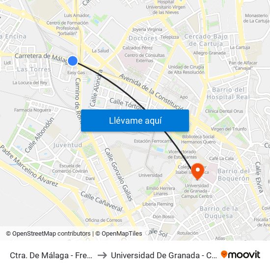 Ctra. De Málaga -  Frente Villarejo to Universidad De Granada - Campus Centro map