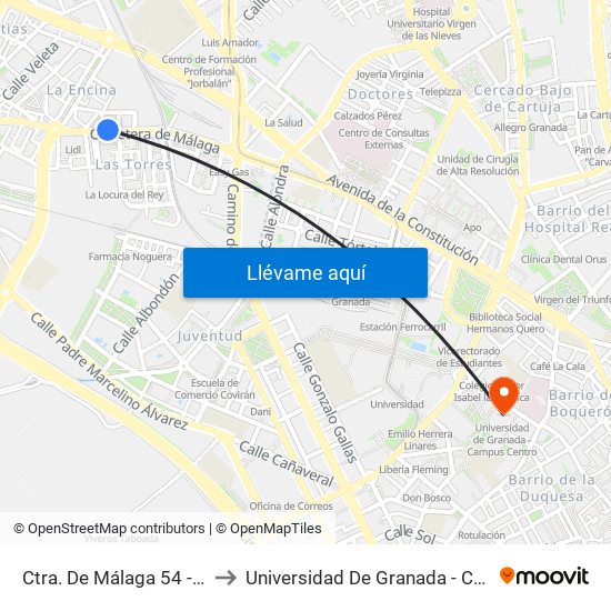 Ctra. De Málaga 54 - Fte Torres to Universidad De Granada - Campus Centro map