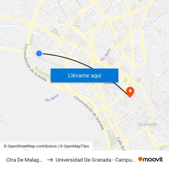 Ctra De Malaga 116 to Universidad De Granada - Campus Centro map