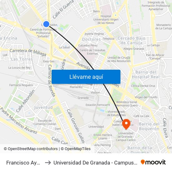 Francisco Ayala 2 to Universidad De Granada - Campus Centro map