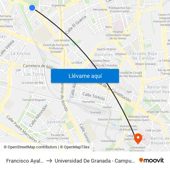 Francisco Ayala 62 to Universidad De Granada - Campus Centro map