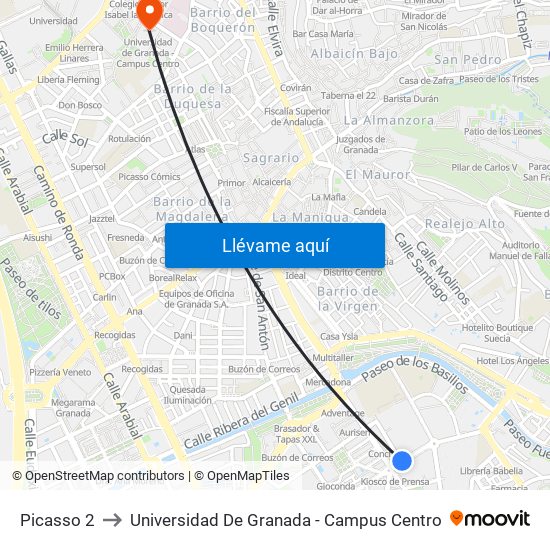 Picasso 2 to Universidad De Granada - Campus Centro map