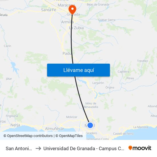 San Antonio 1 to Universidad De Granada - Campus Centro map