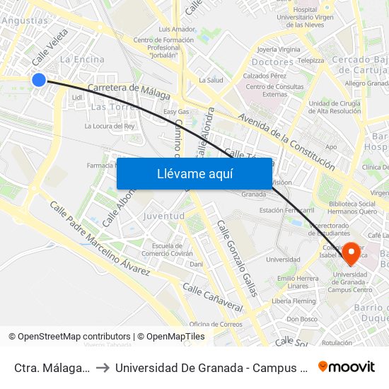 Ctra. Málaga 69 to Universidad De Granada - Campus Centro map